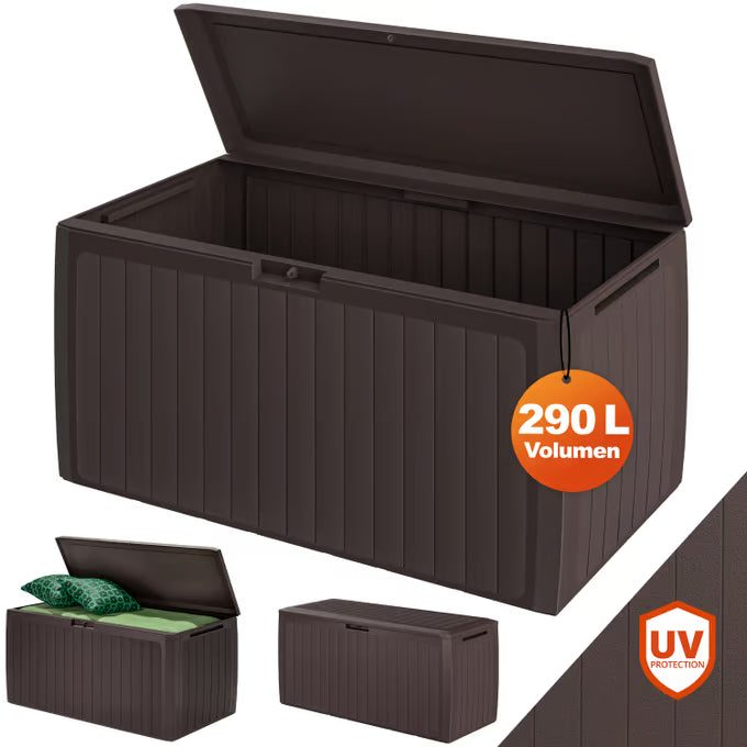Coffre de jardin brun 290L rangement pour coussins