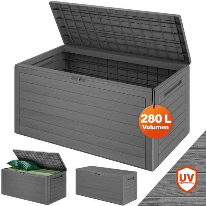 Coffre de jardin gris 116x43x55cm effet bois rangement