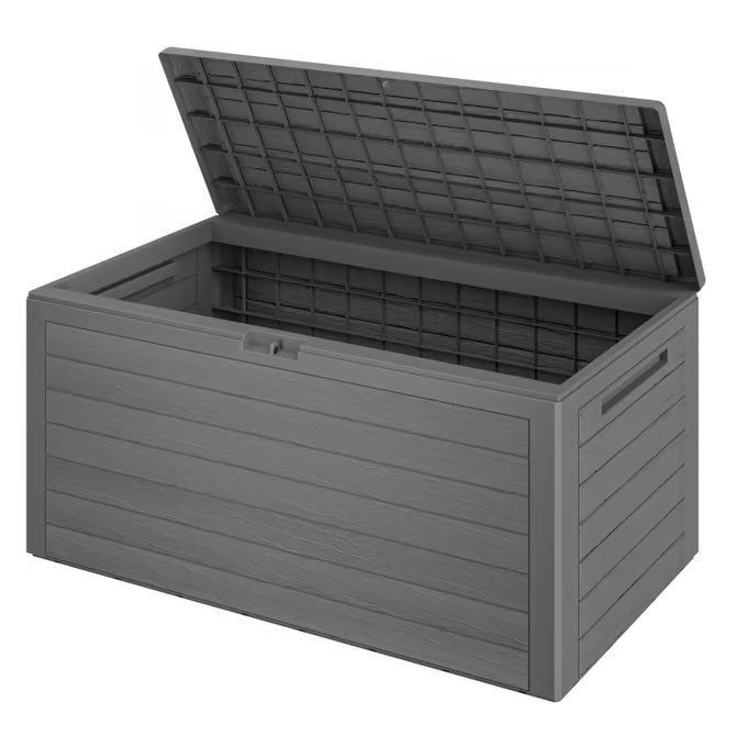 Coffre de jardin gris 116x43x55cm effet bois rangement