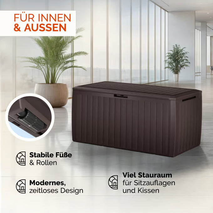 Coffre de jardin brun 290L rangement pour coussins