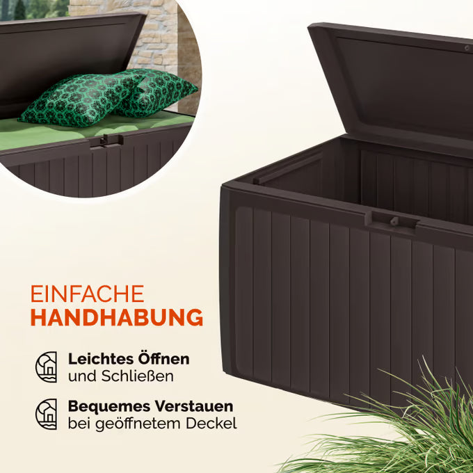 Coffre de jardin brun 290L rangement pour coussins