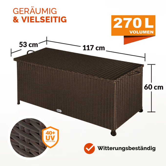 Coffre de jardin marron 117x53x60cm en polyrotin