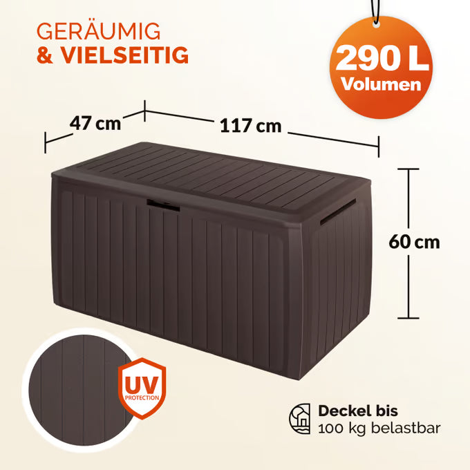 Coffre de jardin brun 290L rangement pour coussins