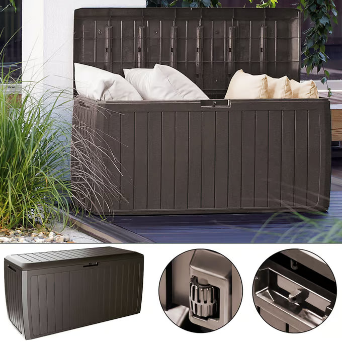 Coffre de jardin brun 290L rangement pour coussins